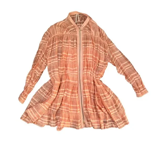 Anthropologie Peach Orange Striped Zip Front Mini Dress with Cotton Slip XL - Picture 3 of 7